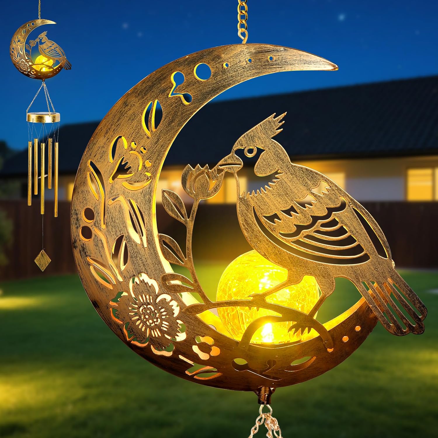 Legendary Rosefinch Solar Wind Chime Outside — WeirdThingsToBuy weird find